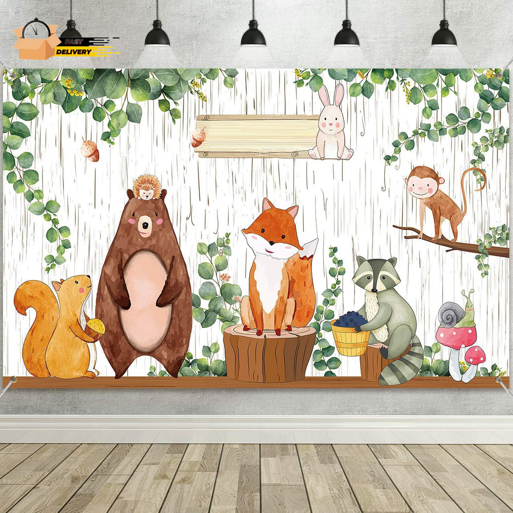 Woodland Baby Shower Backdrop Banner, Large Fabric Jungle Animal Birthday Party