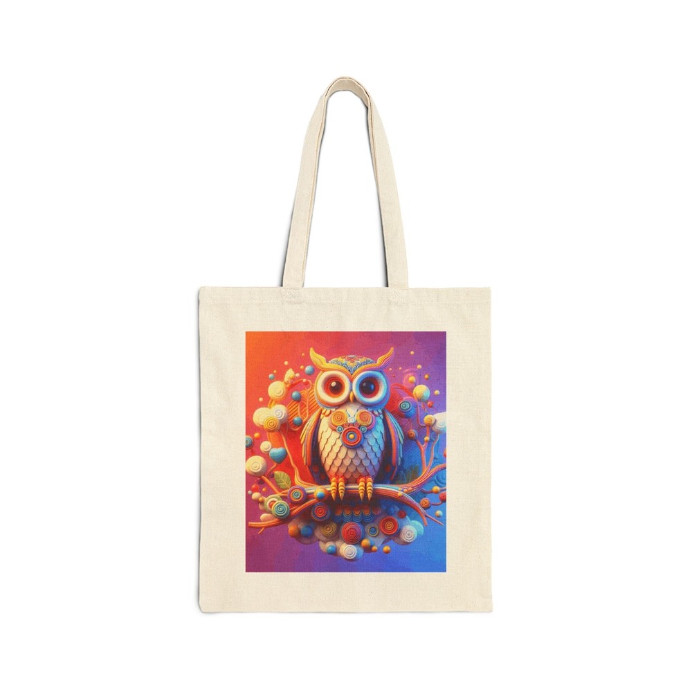 Cotton Canvas Tote Bag Colorful 3D Owl Sitting on a Branch Design 2, Gift