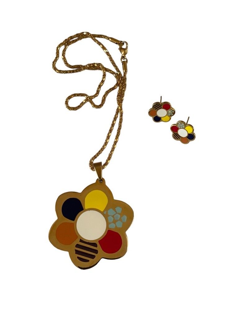 Abstract Goldtone Colorful Enamel Flower Necklace and Earring Set 18” Chain-image