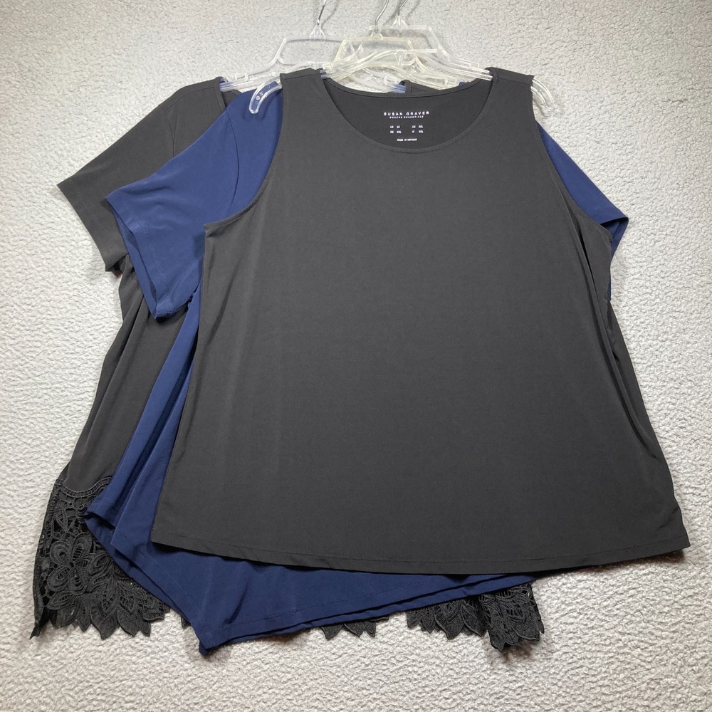 Susan Graver Tops Women’s 2X Lot of 3 Blue Black Liquid Knit Comfort Stretch