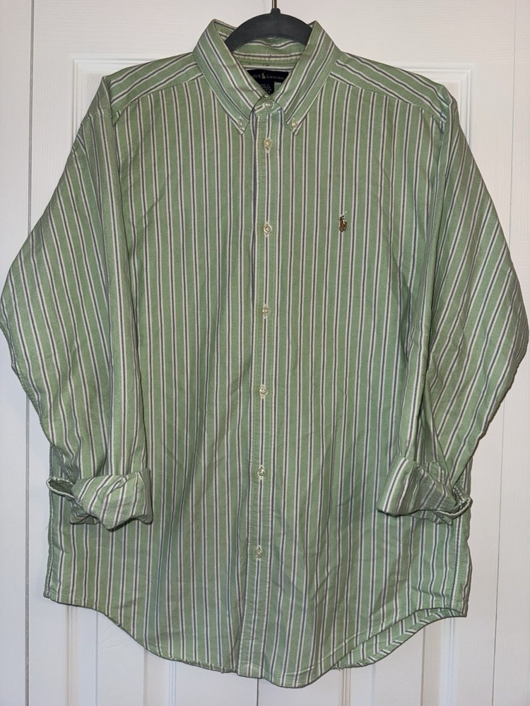Kids Ralph Lauren Shirt Mens XL (20) Green Striped Long Sleeve Button Down