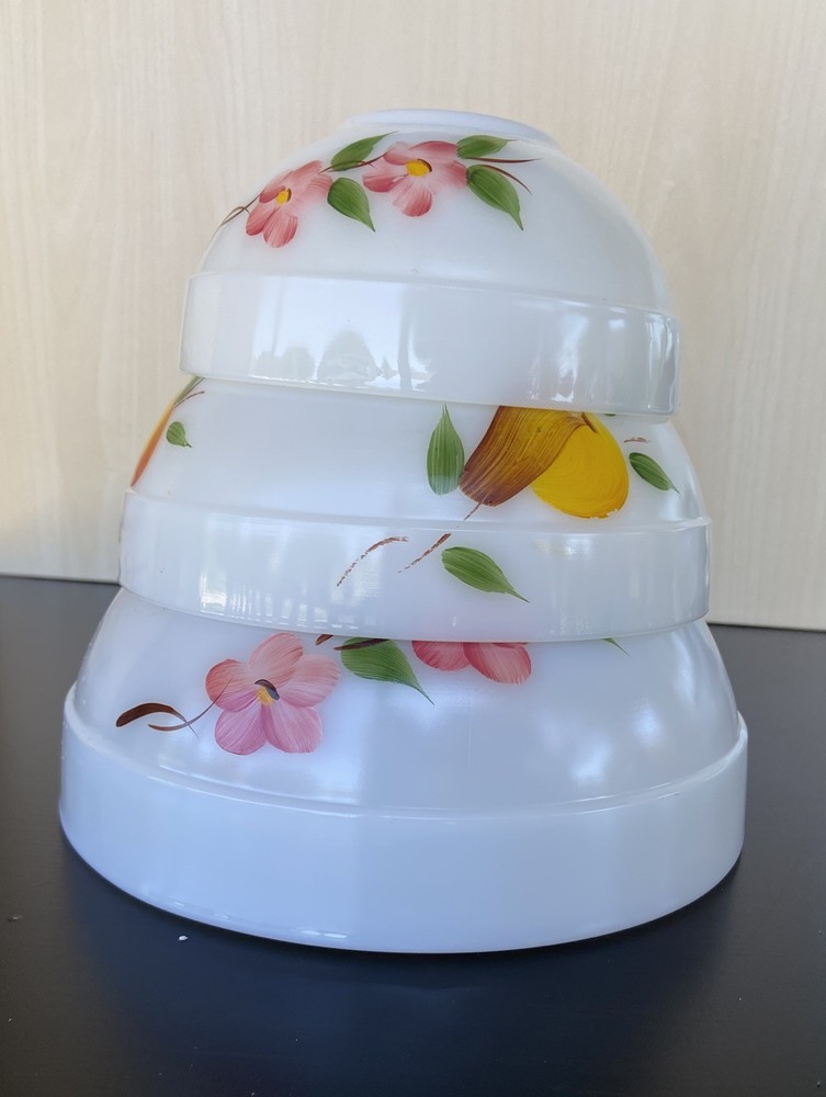 Fire King Oven Ware Peach Blossom Gay Fad Graduated Mixing Serving Bowl Set of 3