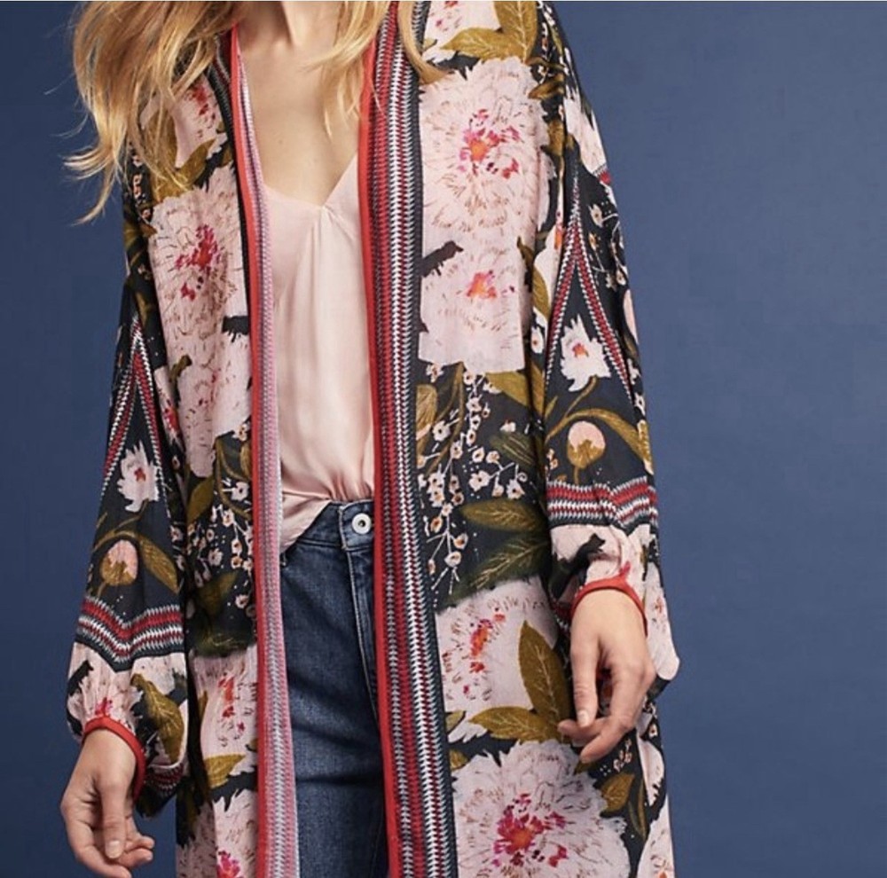 Anthropologie BL-nk London Floral Peony Kimono Duster One Size Boho Viscose