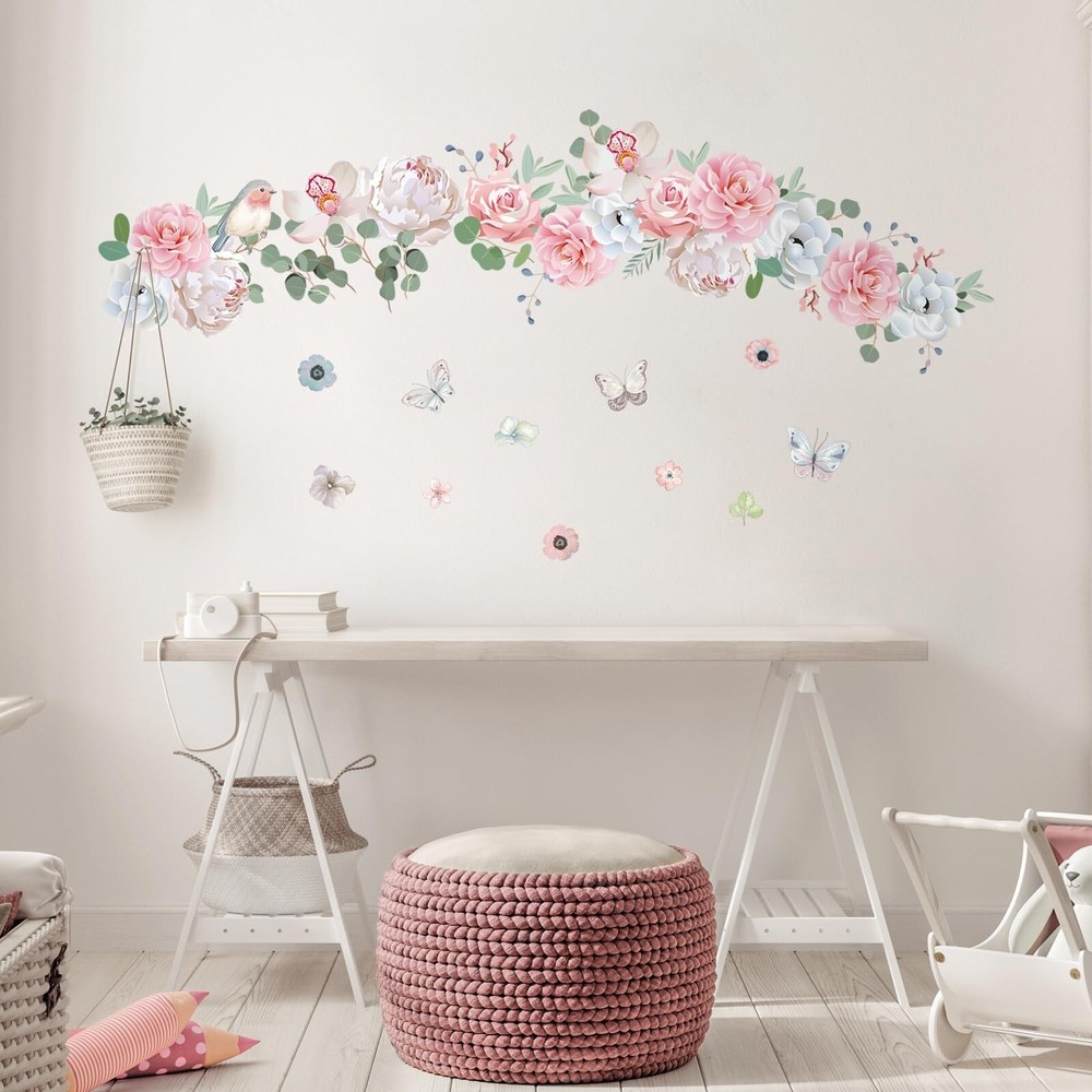 Tanlaby Peony Floral Wall Stickers, Colorful Flowers Butterfly Wall Decals, W...