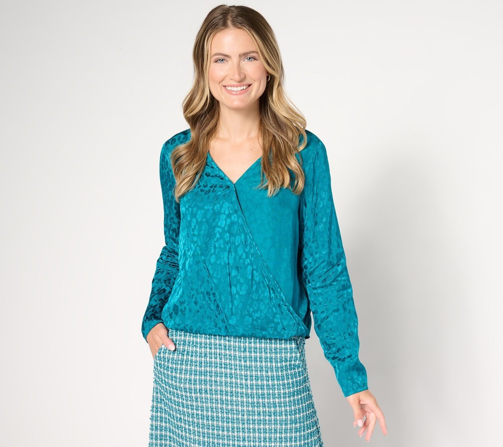 by Stacy London Women's Top Sz L Drapey Jacquard Twist Front Blue A662052