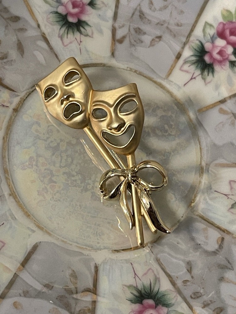 Vintage Gold Tone Tragedy & Comedy Theatre Mask Brooch Pin