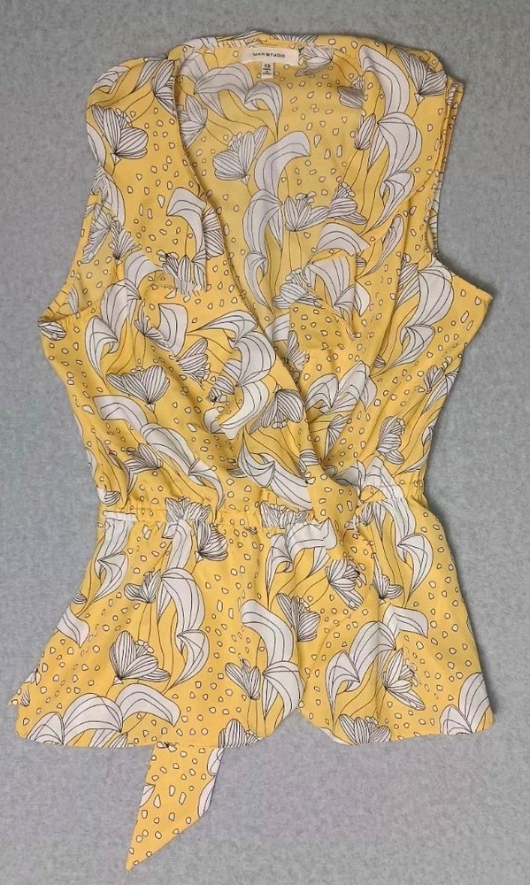 Max Studio Sleeveless Blouse Womens Size XS Yellow With Floral Print Vneck...
