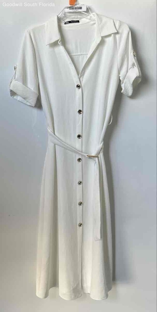 Zara Womens White Short Sleeve Collared Button Front Belted Shirt Dress Size S