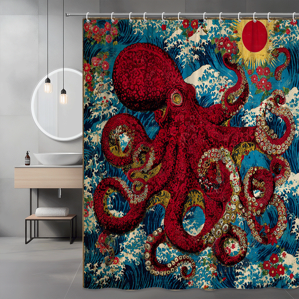 Octopus Shower Curtain Red Blue Ocean Print