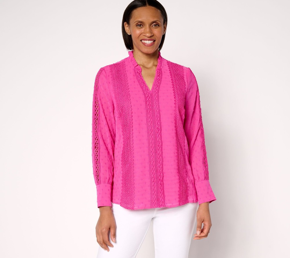 Belle by Kim Gravel Women's Top Sz S Swiss Dot Lace Trim Blouse Pink A683712