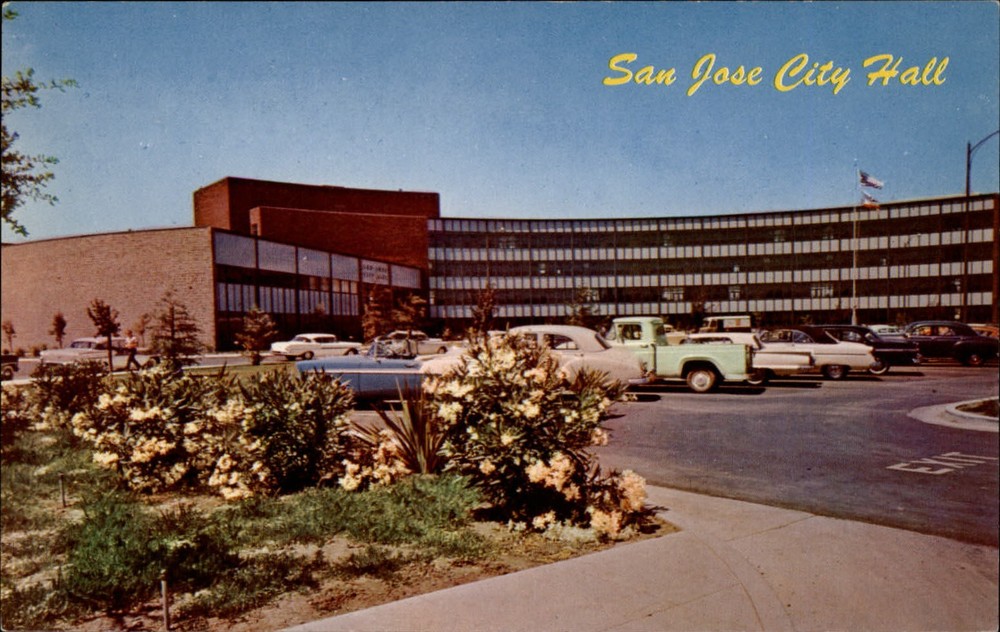 California San Jose City Hall 1950s cars pickup truck ~ postcard sku161