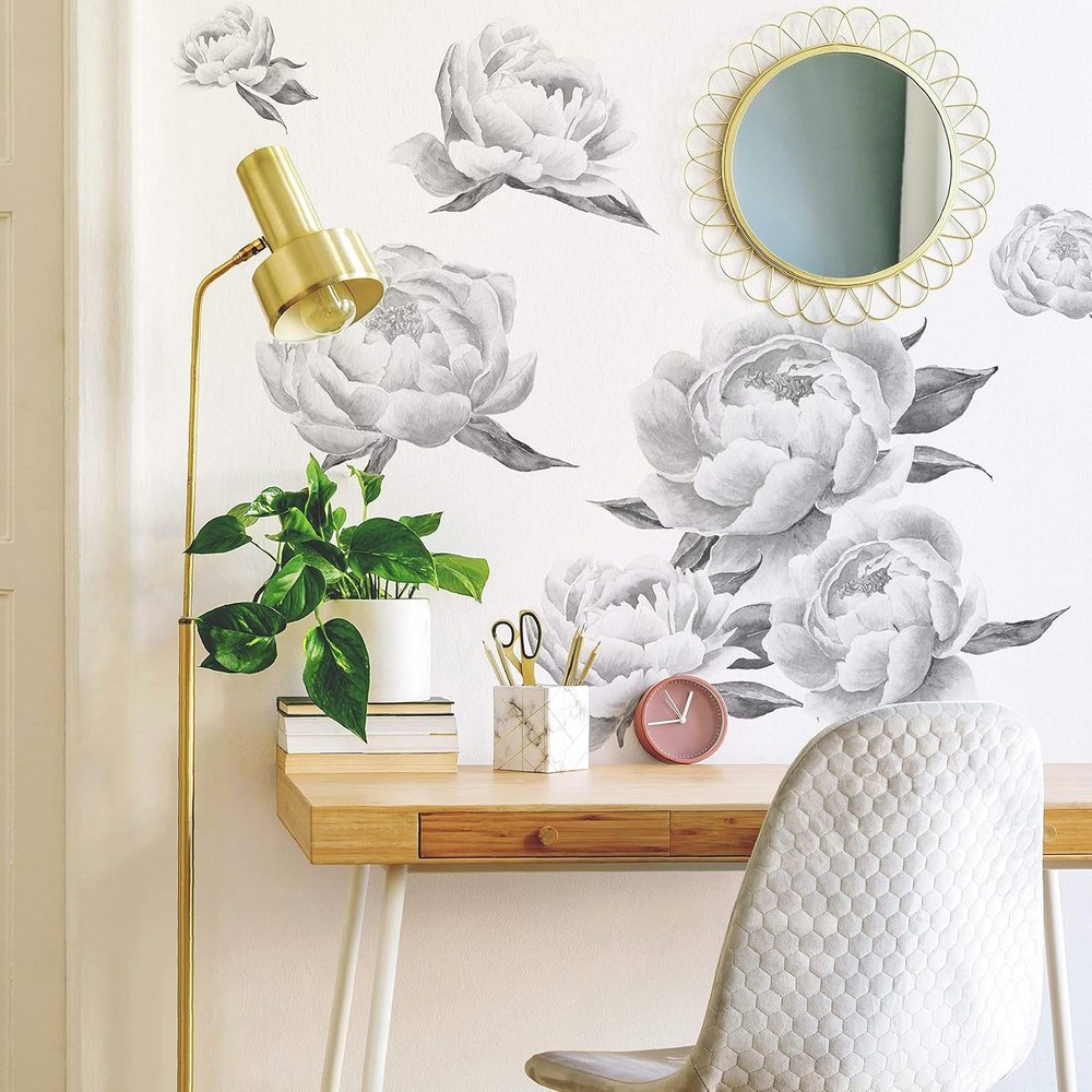 RMK4413GM Black and White Peonies Giant Floral Peel and Stick Wall Decals
