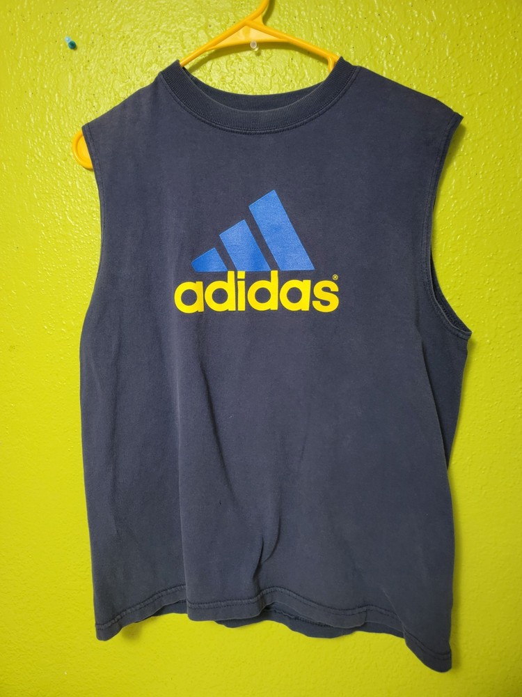 Vintage y2k 00s Navy Blue Adidas Muscle T Shirt Tank Top Spellout Faded Grunge