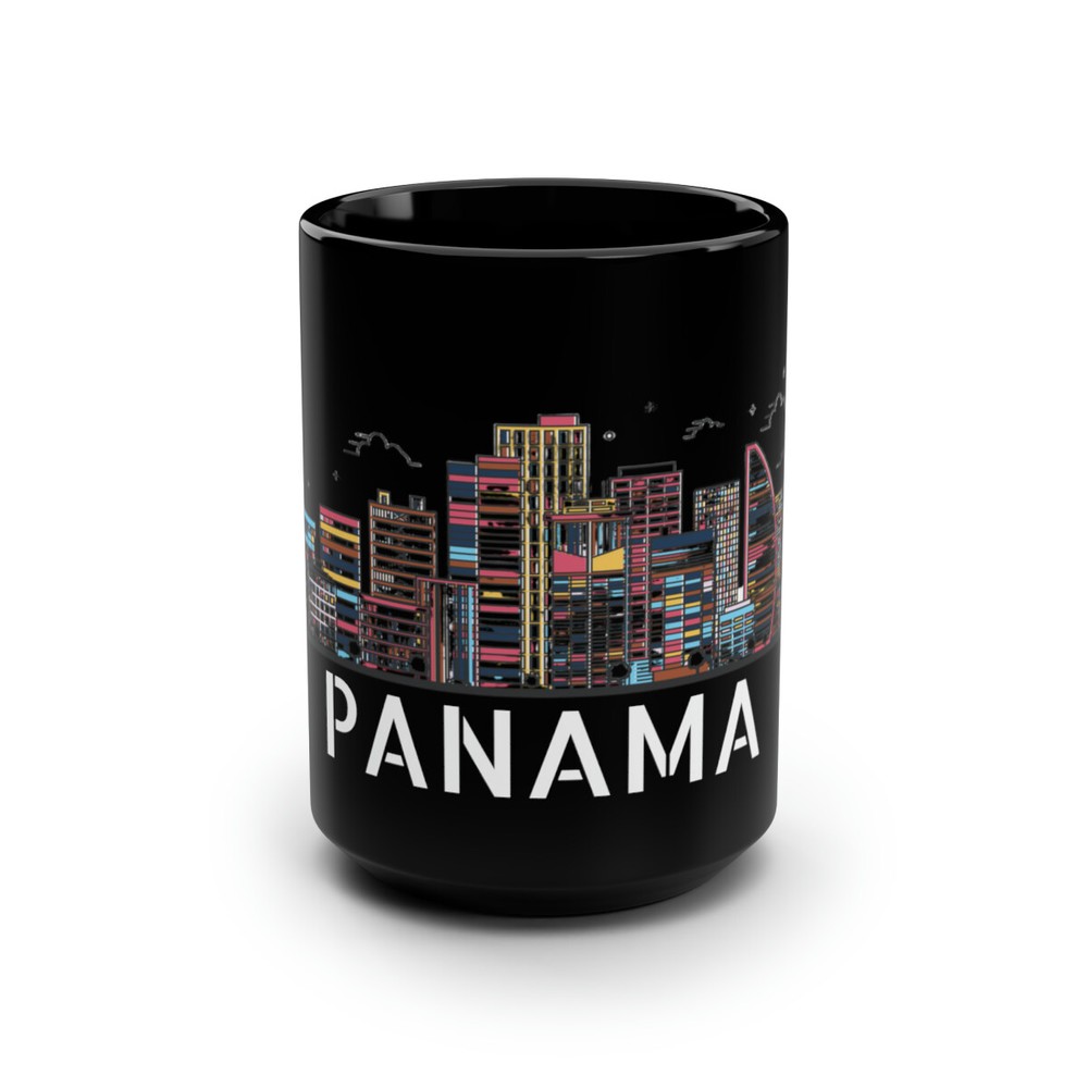 Panama Skyline 15oz Black Ceramic Mug with Glossy Finish and C-Grip Handle
