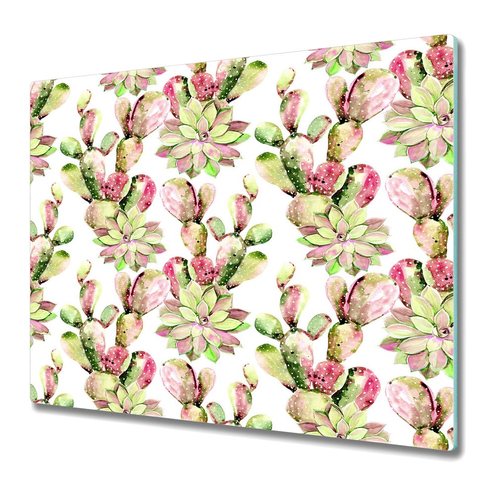 Serving Chopping Board Glass Cover Watercolour Cactus Flower Home 60x52