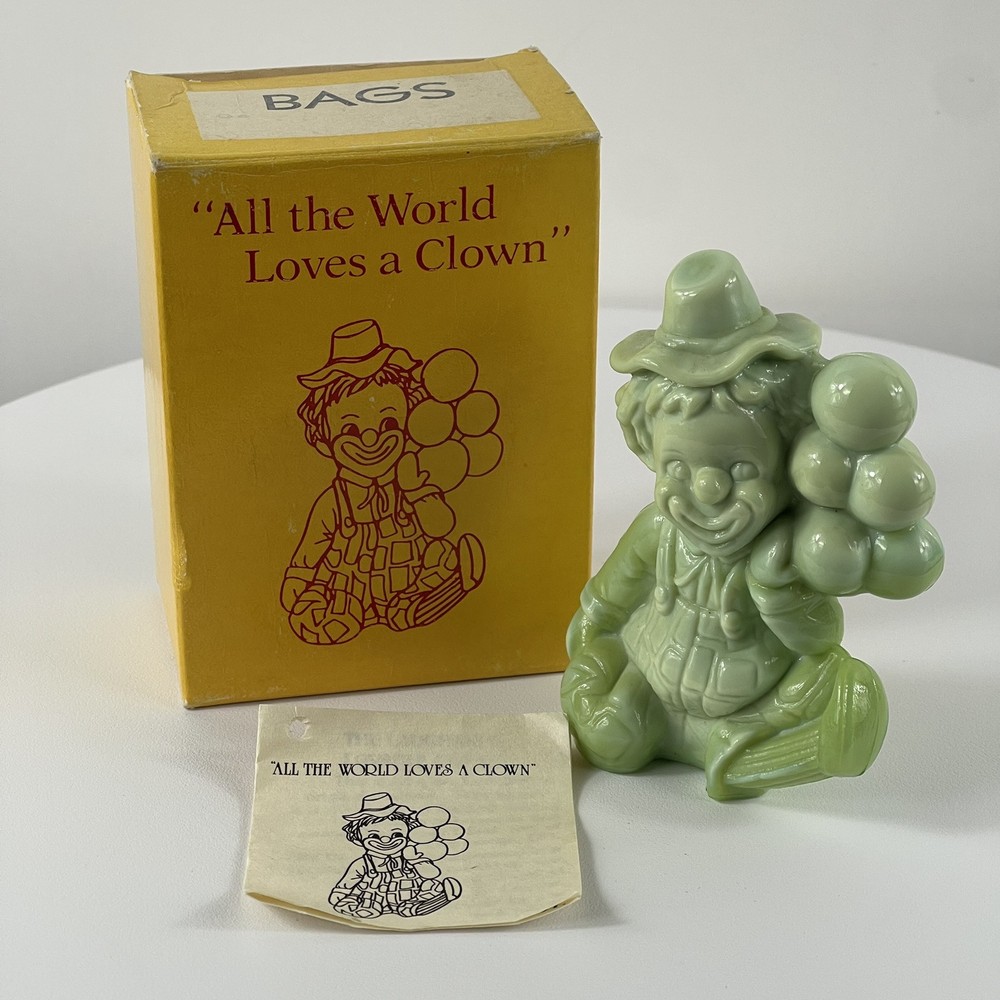 Vintage 1981 Mosser Art Glass Balloon Clown Bags Light Green Opaque with Box