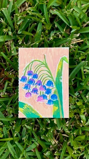 ACEO Original Painting Lily of the Valley Blue Floral Botanical Folk Art 2.5x3.5
