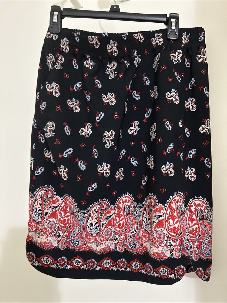 Loft Floral Print Skirt Elastic Waist Knee Length Black M Pockets
