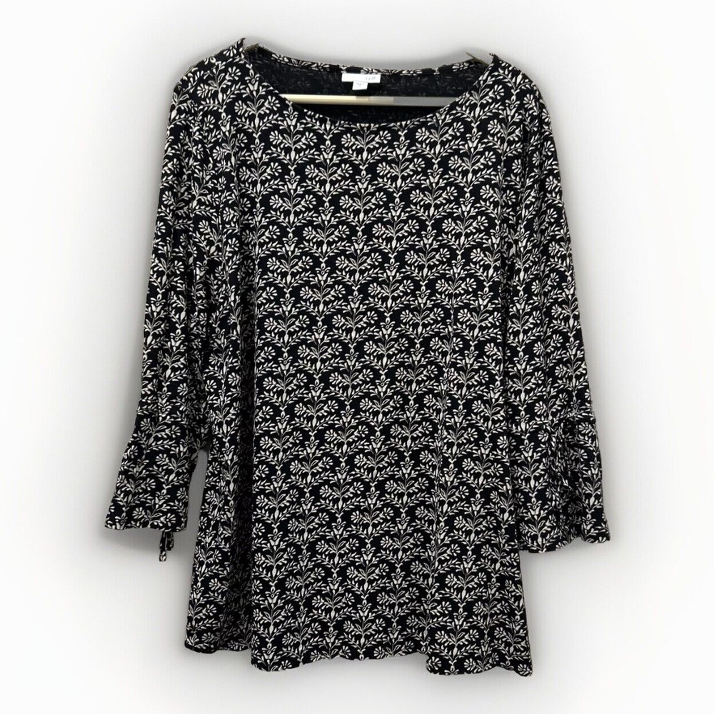 J. Jill Womens Tunic Black White Floral Bell Sleeve Boat Neck Stretch Classic