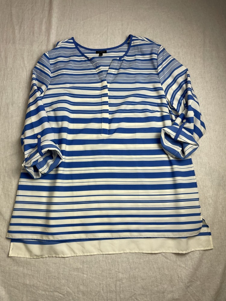 Talbots Blue White Womens XL Striped Grandmacore Roll Tab Sleeve Tunic Top