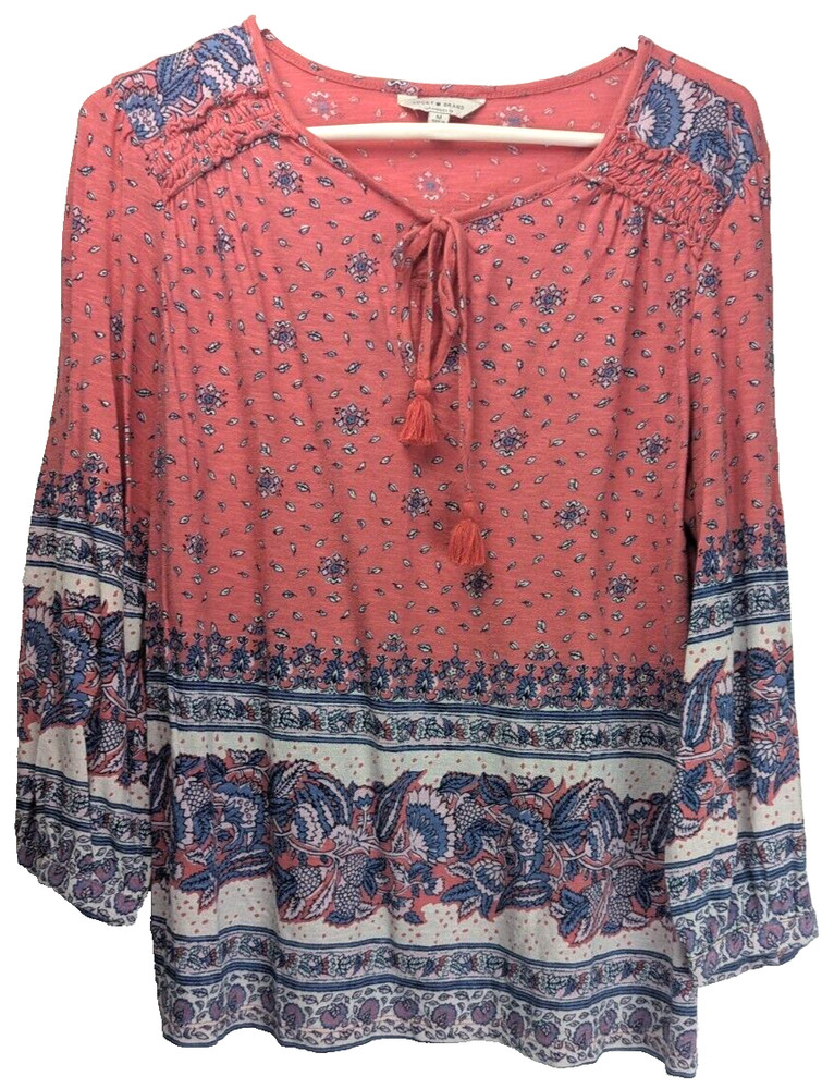 Lucky Brand Womens Medium Peasant Blouse Paisley Coral Tassel 3/4 Sleeve Boho