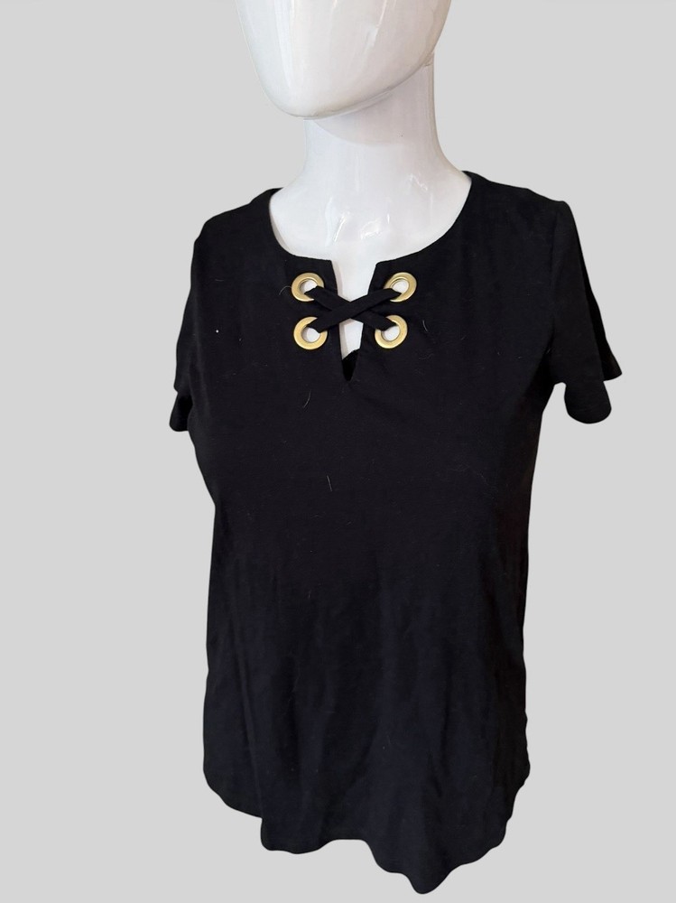 Michael Kors Size S Black Grommet Lace Up Top Gold Detail Short Sleeve