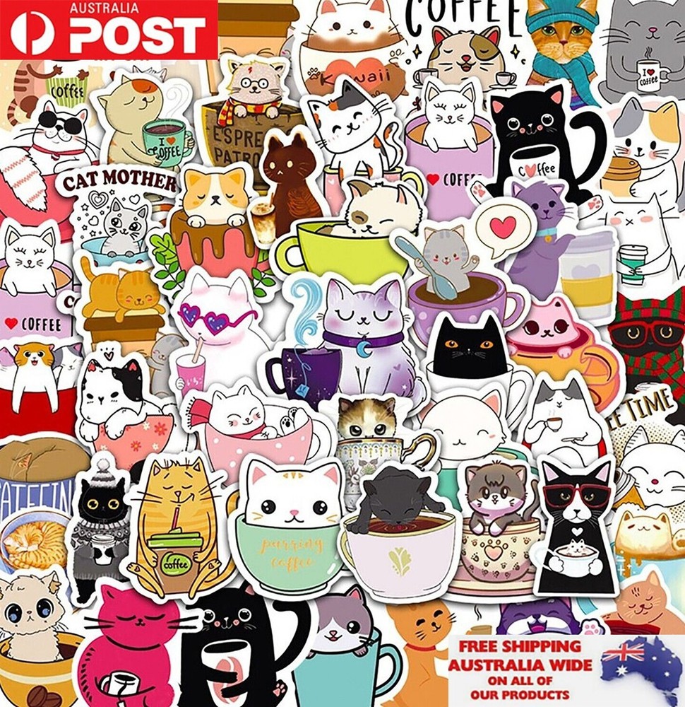 50pcs Cute Coffee & Cats Sticker Pack Waterproof Graffiti Phone Laptop Decal