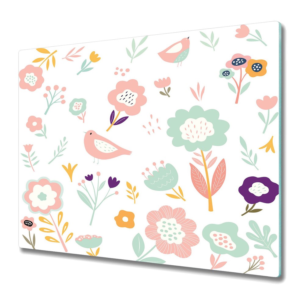 Glass Chopping Cutting Board Sparrows with flowers Floral Watercolour 60x52