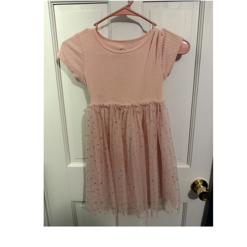 Girls 6-7 Years Pink Polka Dot Tutu Dress Knee Length Tulle Glitter Short Sleeve