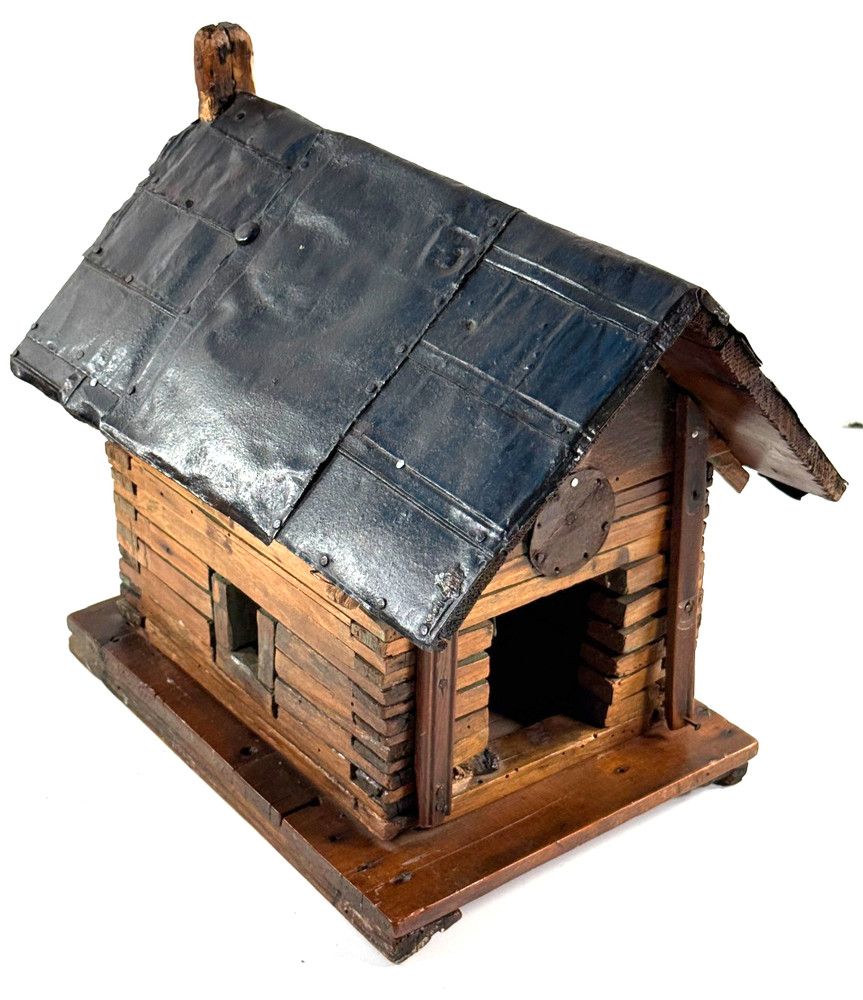 Antique 10s 20s Folk Art Wood Wooden Carved Cabin tin scrap birdhouse