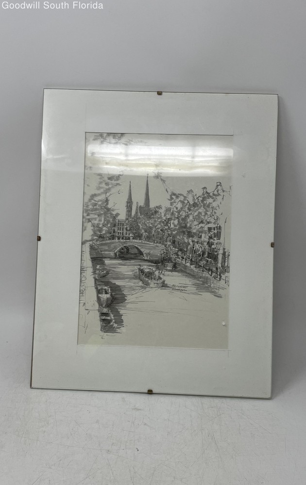 White Framed Signed Pencil Sketch Drawing Of European Canal Scene Wall Decor Art