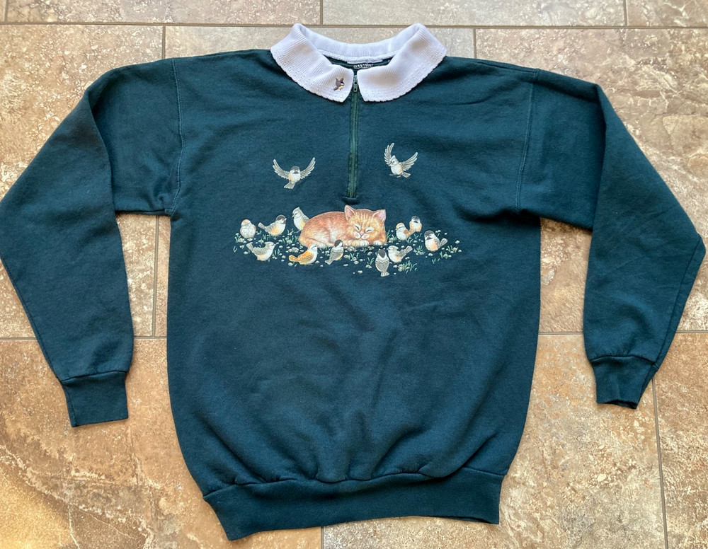 VTG Cat Sweatshirt Womens XS Green Chickadees Collar Y2K