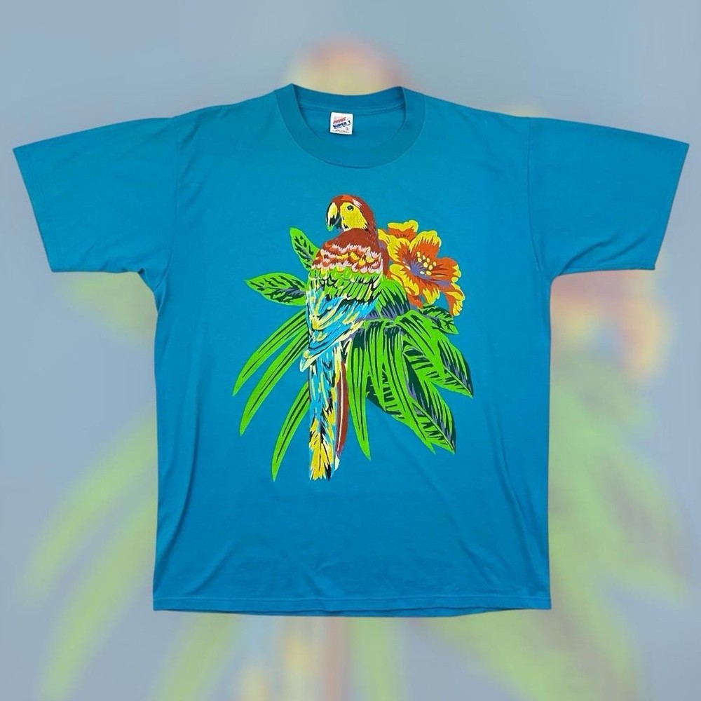 VTG 90s Jerzees Parrot Artwork Souvenir Novelty T Shirt Adult XL Blue Faded USA
