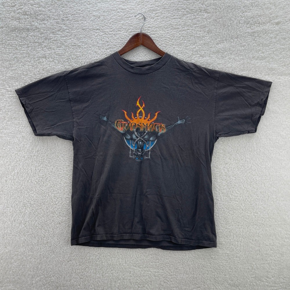 Vintage Godsmack Shirt Mens XL Gray Rock Metal Band Tee Y2K Flames Music Faded