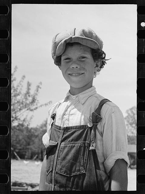 Photo:1930s Boy in Cap Overalls Portrait Farm Child