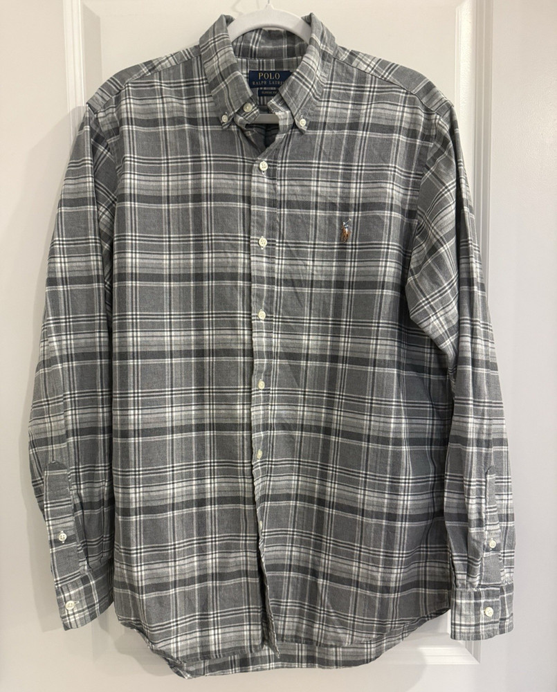 Polo Ralph Lauren Classic Fit Gray Plaid Flannel Button-Down Shirt L