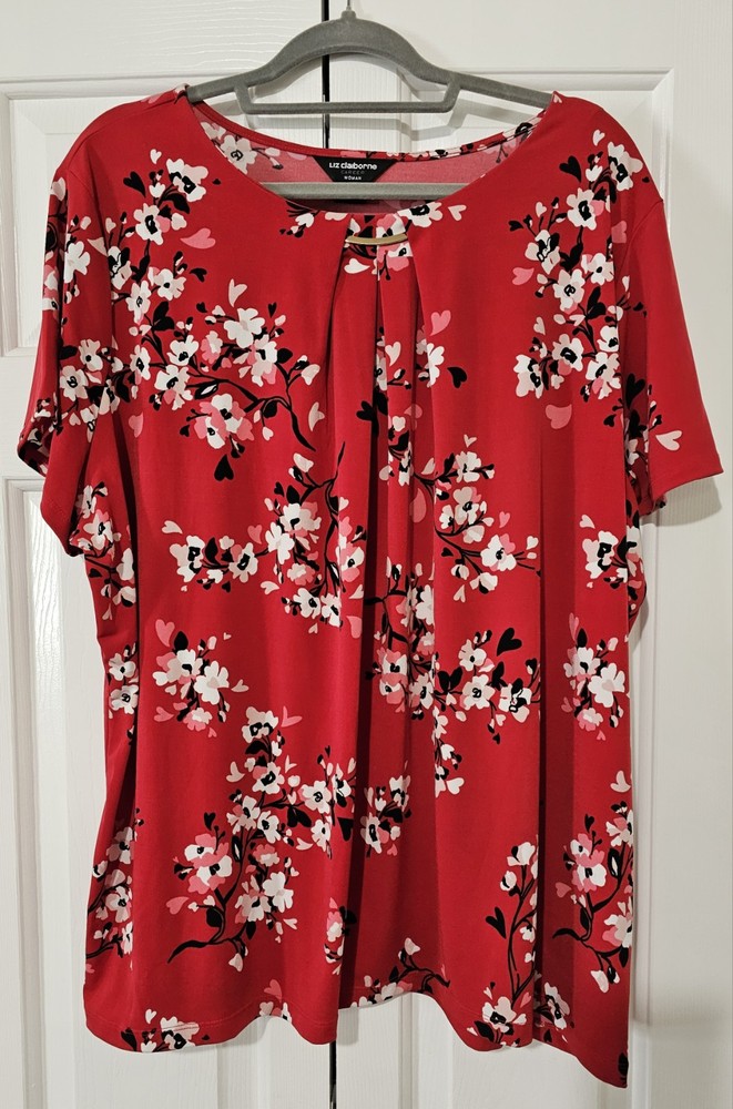 Liz Claiborne Women’s 2X Plus Red Pink White Floral Round Neck SS Pullover Top