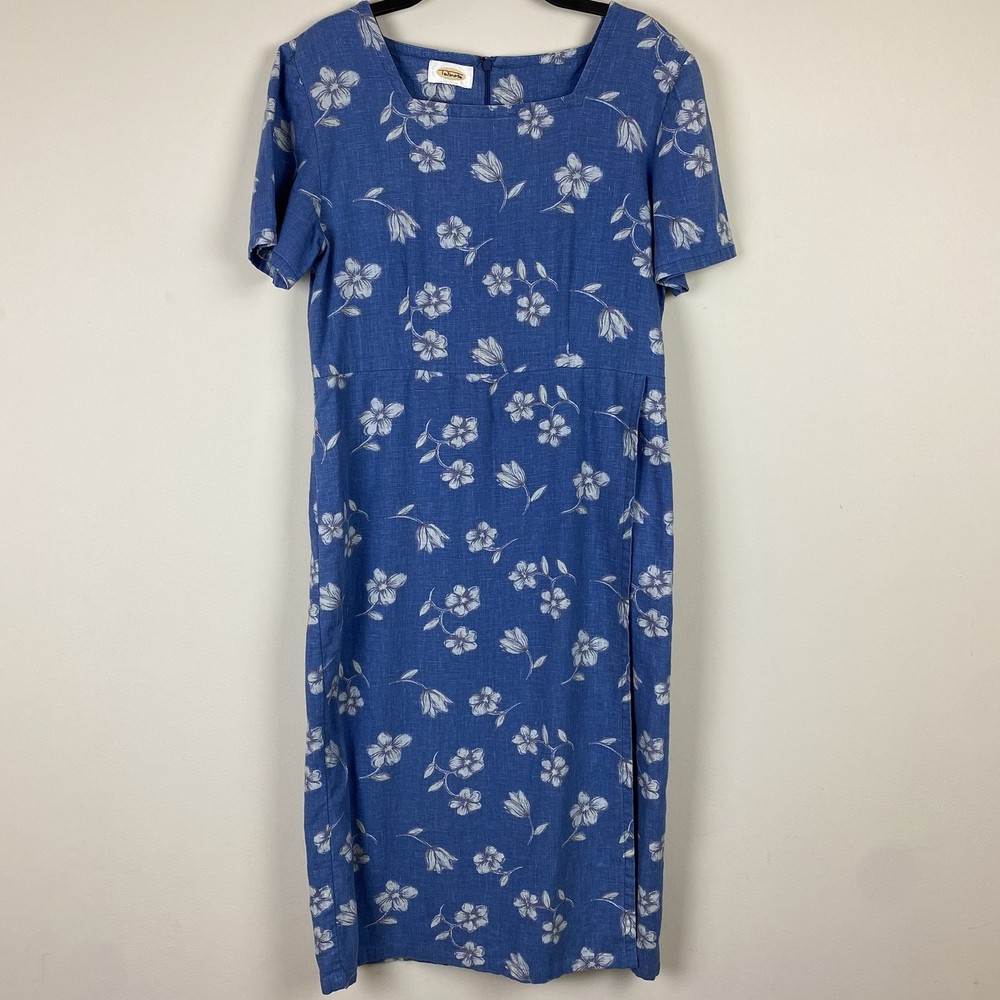 Vintage 80s Talbots Faux Wrap Linen Blend Midi Dress Blue Floral Sz 12 Tradwife