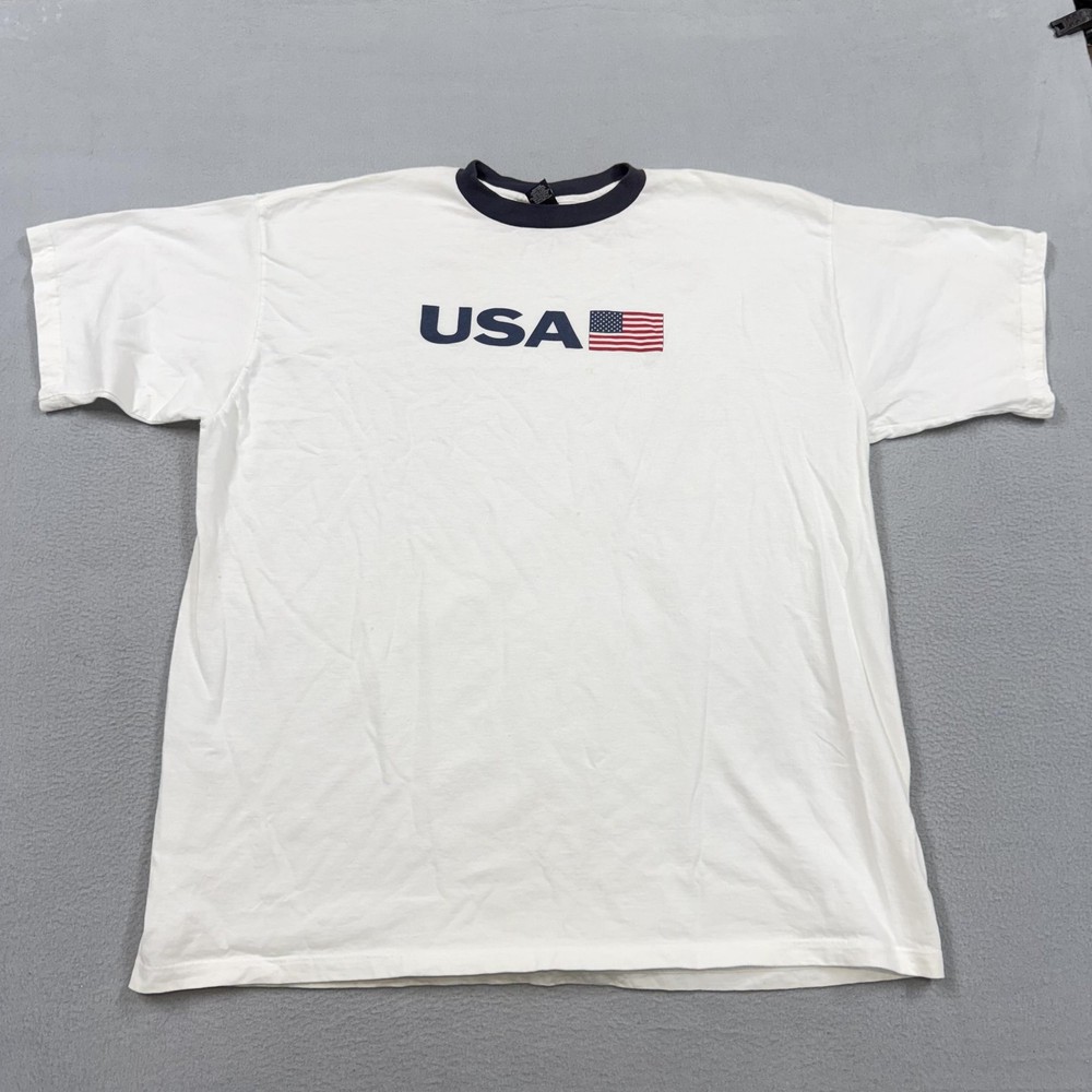 Vintage Gap Shirt Mens 2XL White USA Flag Ringer Graphic Tee Made USA 90s