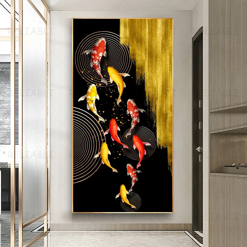 Black Golden Print Art Koi Fish Canvas Wall Art Canvas Painting Home Decor Mural