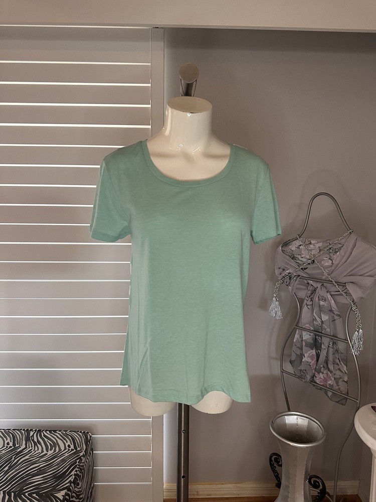 New Woman’s Coconut Creek Seafoam White Striped Hi Lo Short Sleeve Shirt Top L