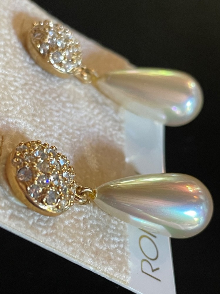 VTG New NOS Roman Faux Pearl & Rhinestone Drop Earrings Gold Tone Glam Thailand