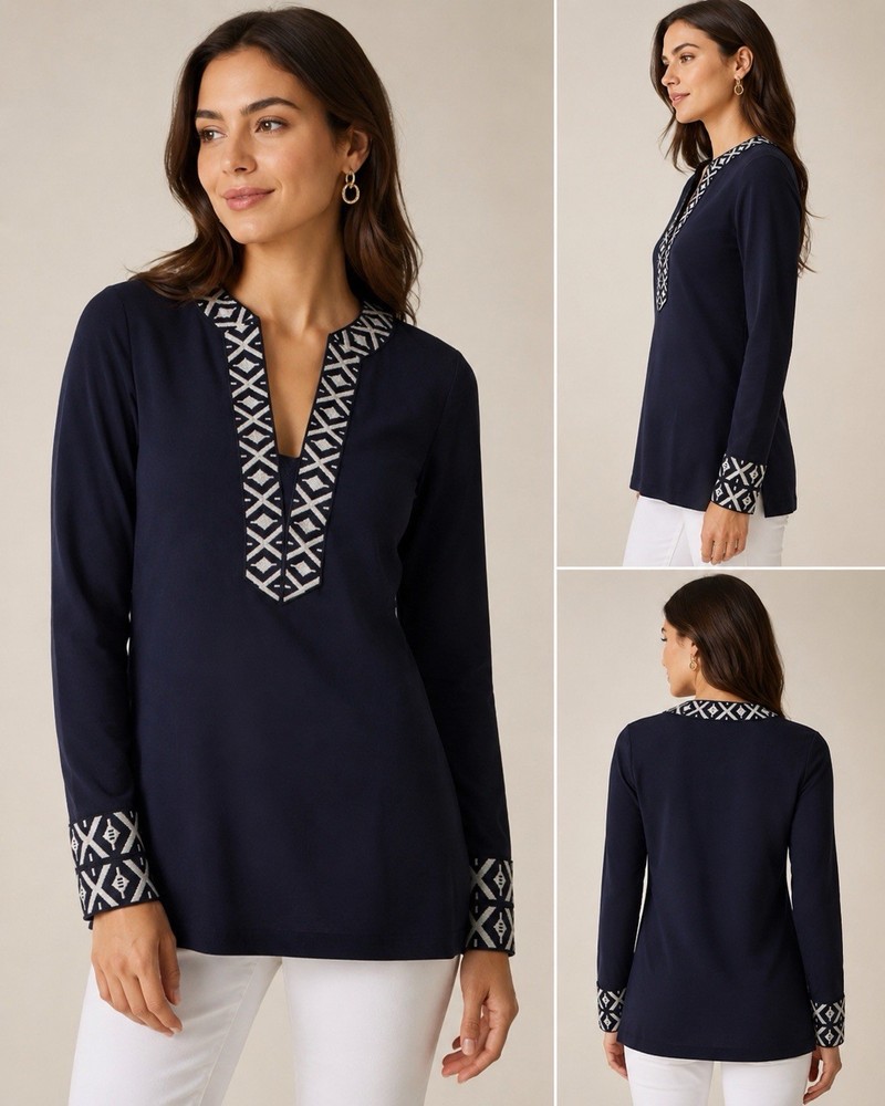 Tory Burch Navy Blue Embroidered Trim Tunic Top Long Sleeve XS