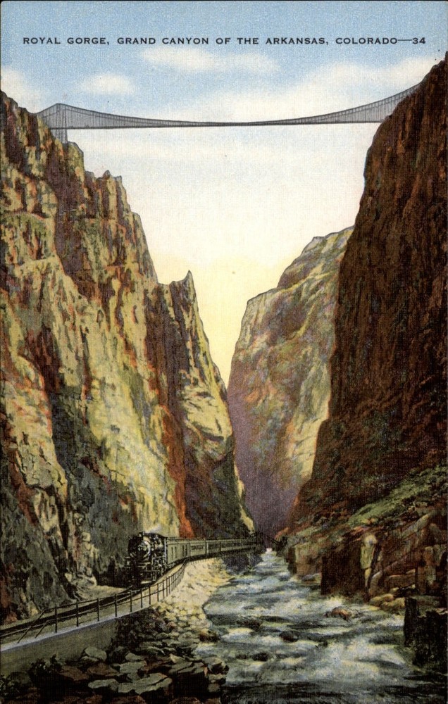 Royal Gorge Colorado Arkansas River cliffs D&RGW railroad train postcard sku849