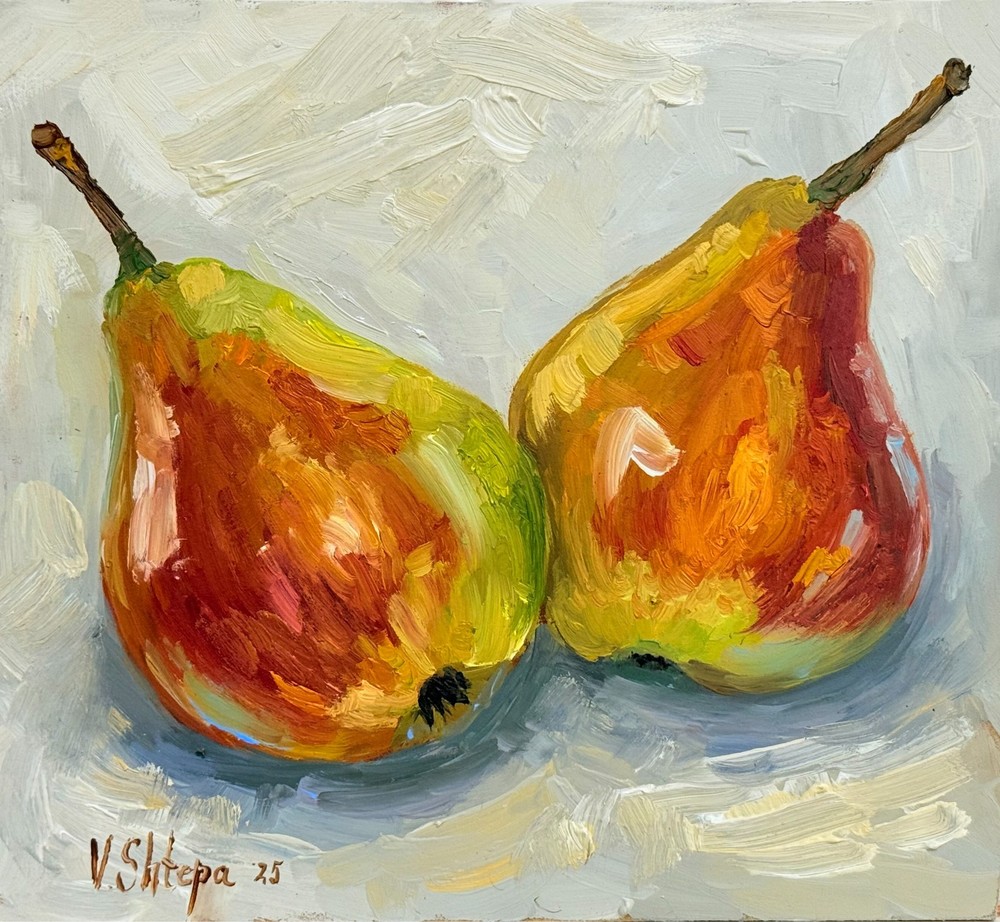 Original Oil Painting Fruit Two Ripe Pears Still life Art Food Kitchen 7.5X8 in