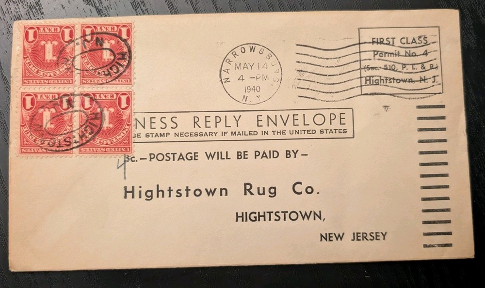 USA 1940 DUE STAMP COVER Narrowsburg NY Hightstown Rug Furniture Envelope Lot