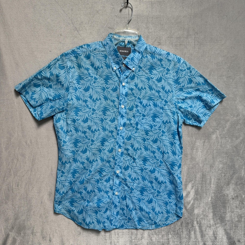 Bonobos Shirt Mens Medium Blue Tropical Leaf Slim Fit Short Sleeve Button Up