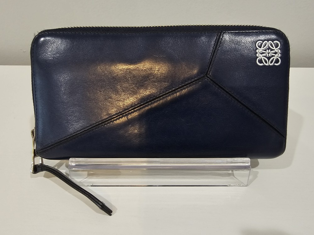 Loewe Puzzle Navy Blue Leather Zip Around Wallet