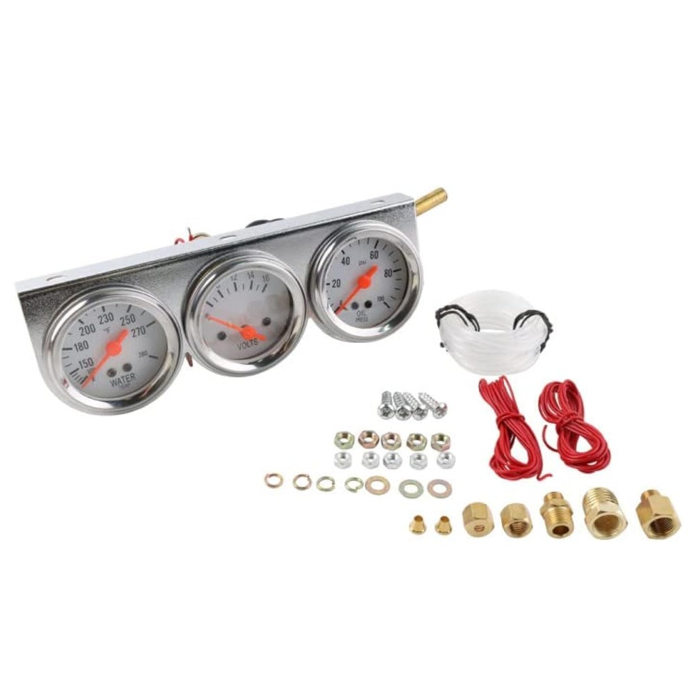 52mm Triple Gauge Kit - Oil Pressure, Voltage & Water Temp - Chrome Panel 3-in-1 Car Meter