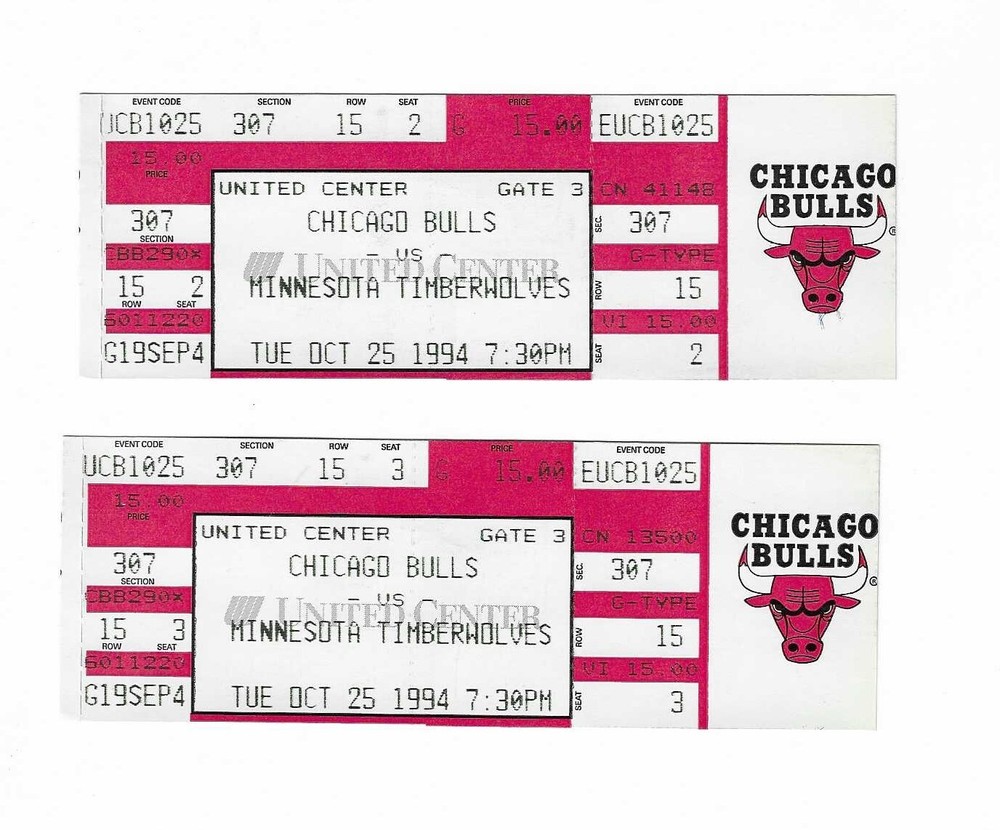 Chicago Bulls vs Minnesota Timberwolves Unused Basketball Tickets 10/25/1994